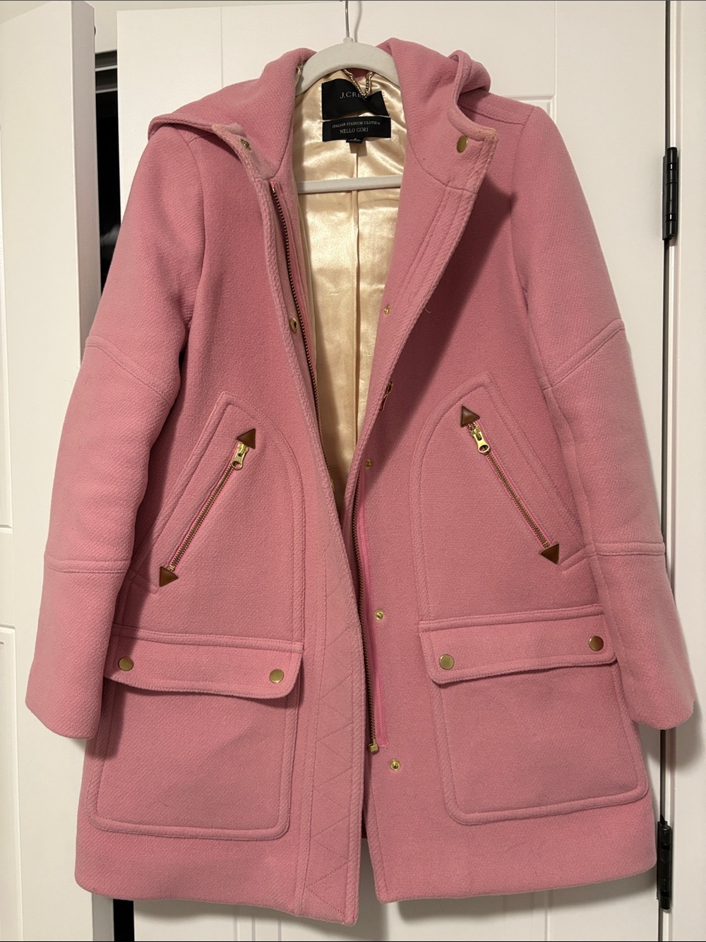 J. Crew Pink Hooded Wool-Blend Pea Coat with Gold Hardware